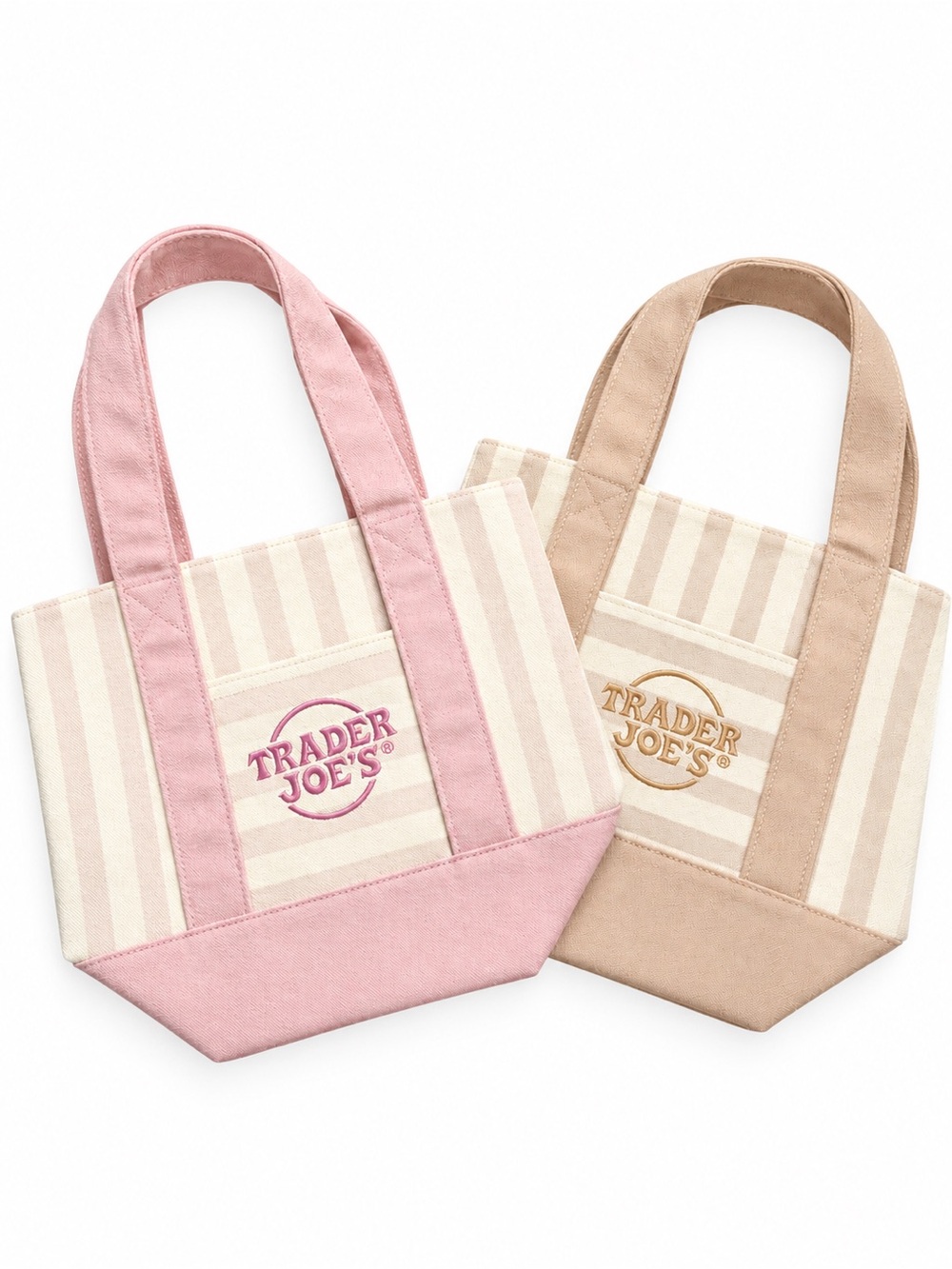 Set of 2 new striped TRADER JOES MINI TOTE BAGS PINK AND BEIGE